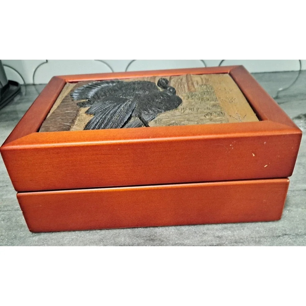Wooden Jewelry box Carved Turkey Design W/ Turkey Sound Effect 7x5.5x2.75